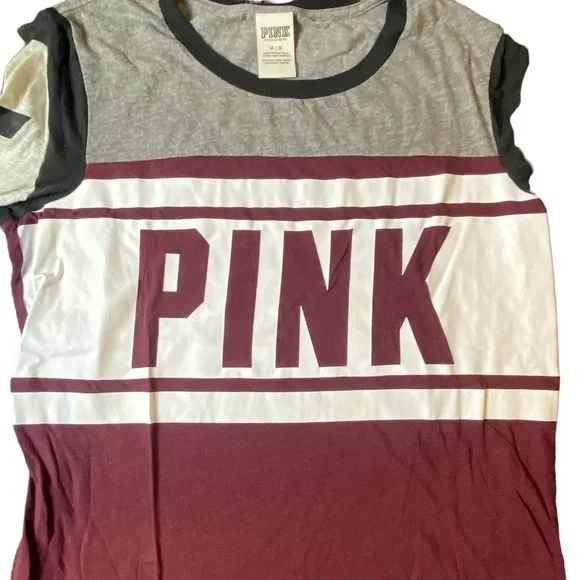 PINK Women Top Large White & Maroon T-Shirt Logo Spellout Size Medium - Picture 3 of 7